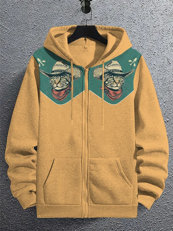 Men's Western Cowcat Art Print Casual Zip Up Hooded Jacket