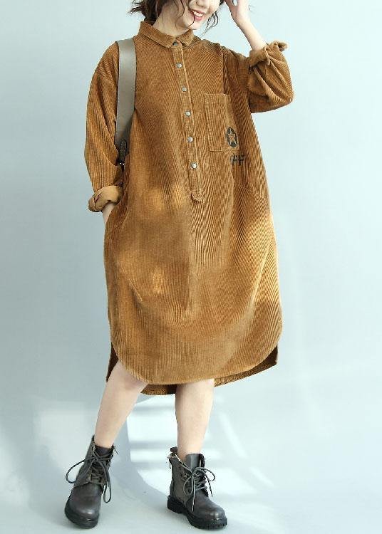 Simple yellow corduroy Tunic side open Knee fall Dresses