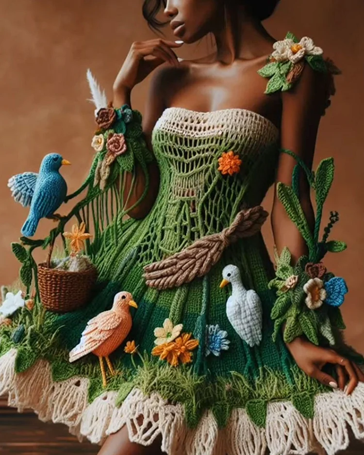 Green Nature Flower and Bird World Crochet Dress
