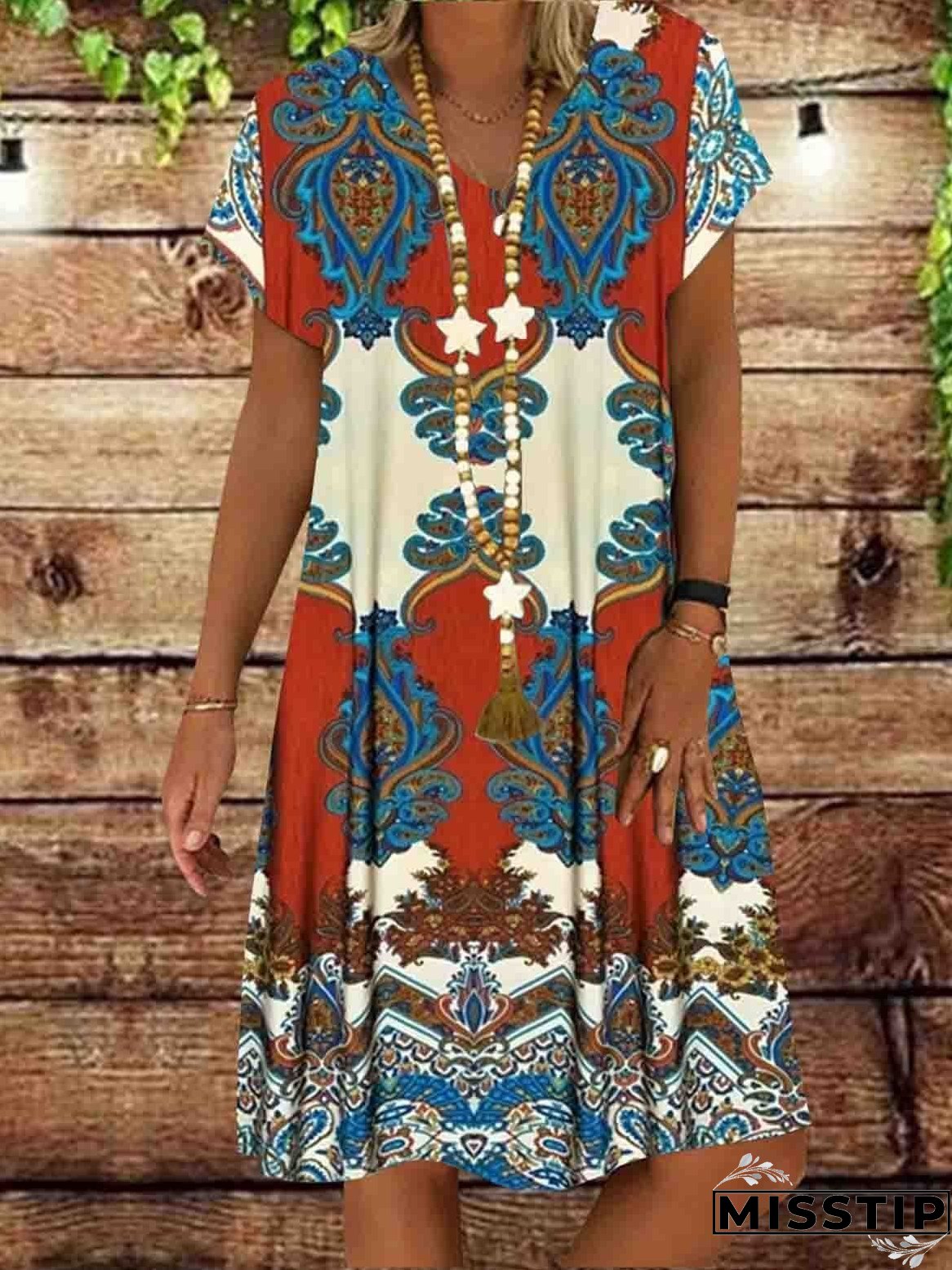Summer New Short-sleeved Printed Dress Mid-length A-line Skirt