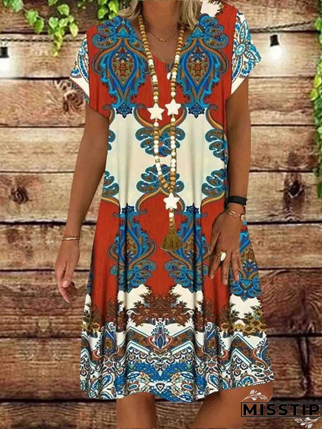Summer New Short-sleeved Printed Dress Mid-length A-line Skirt