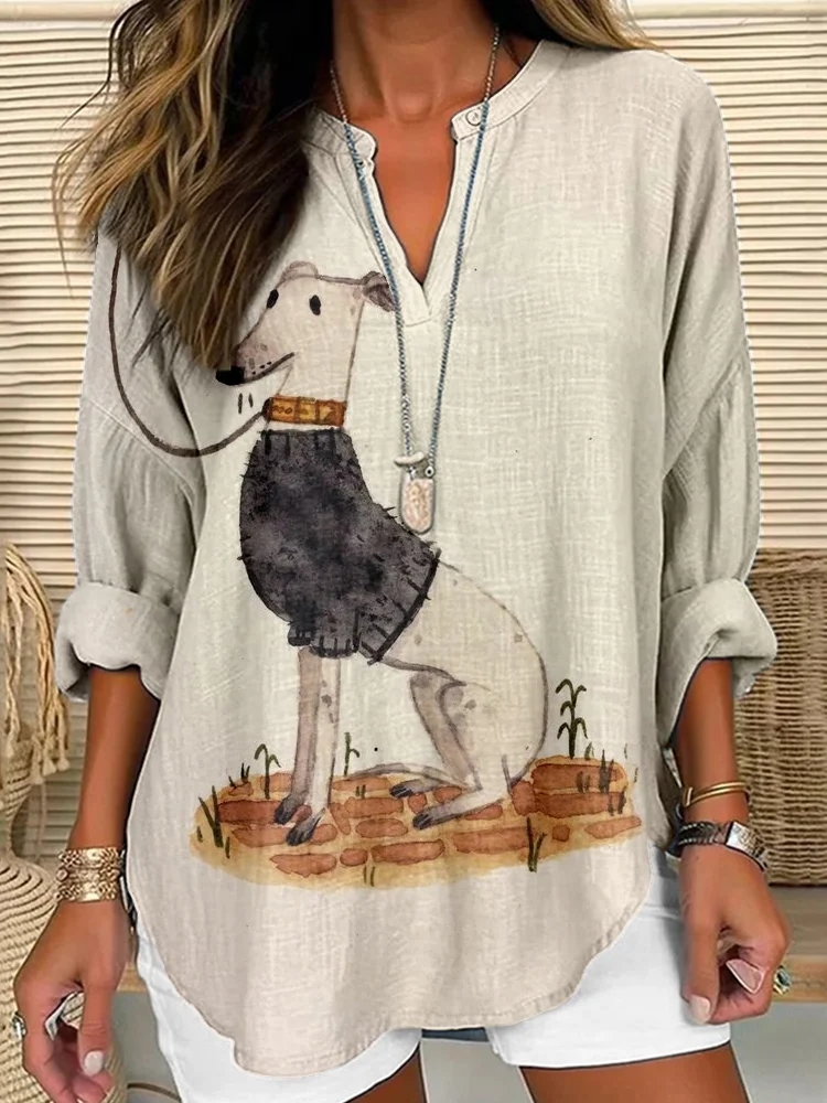 Lovely Dog Art Pattern Linen Blend Cozy Tunic