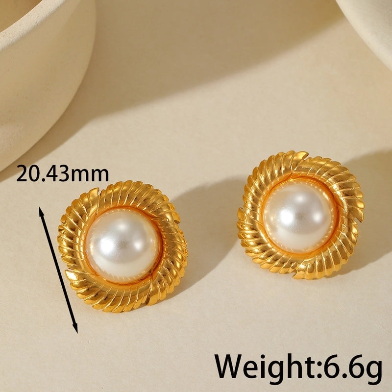 1 Pair Elegant Retro Artistic Irregular Geometric Heart Shape Plating Inlay 304 Stainless Steel Imitation Pearl 18K Gold Plated Ear Studs