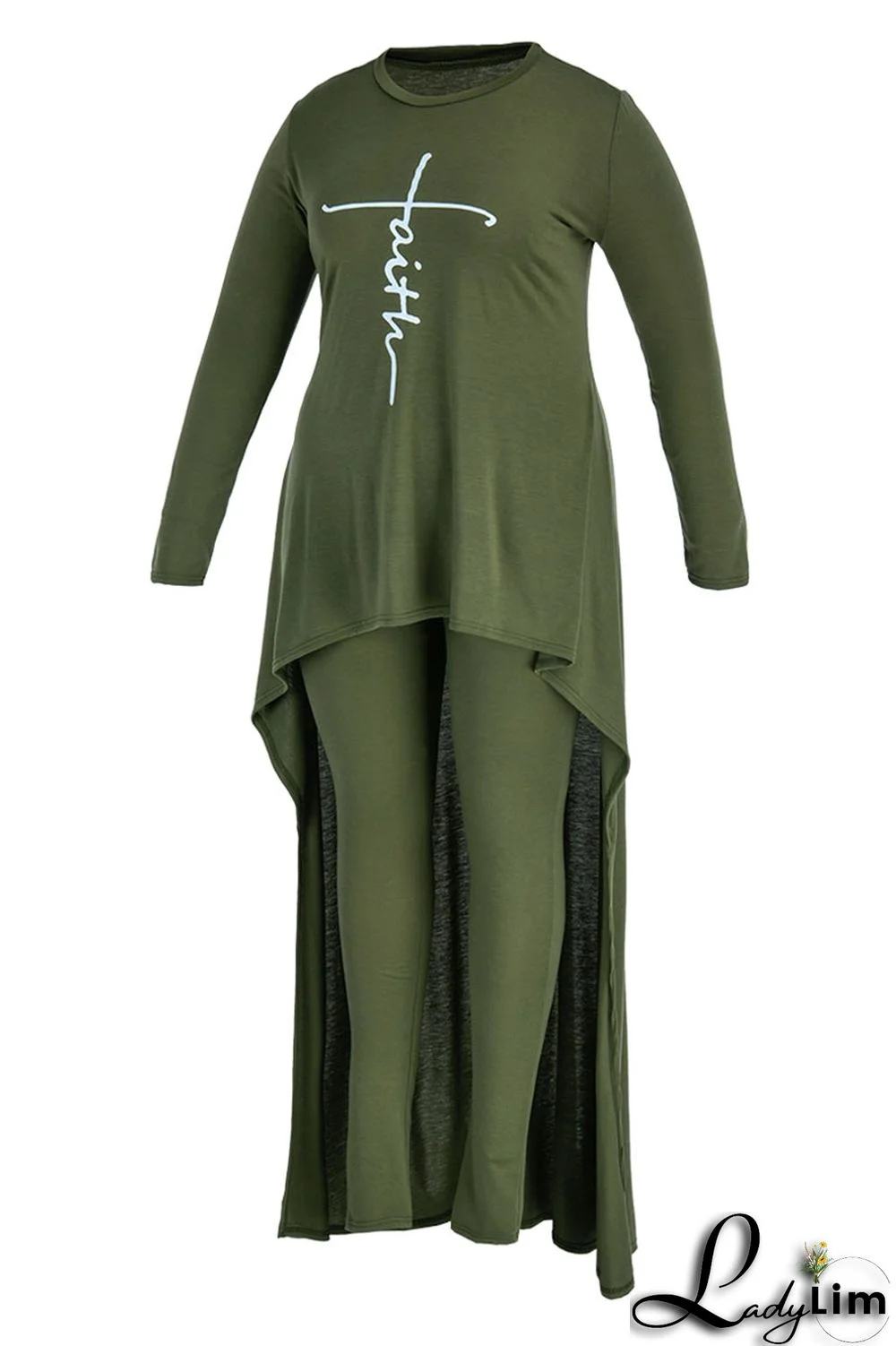 Army Green Fashion Casual Print Asymmetrical O Neck Plus Size Two Pieces