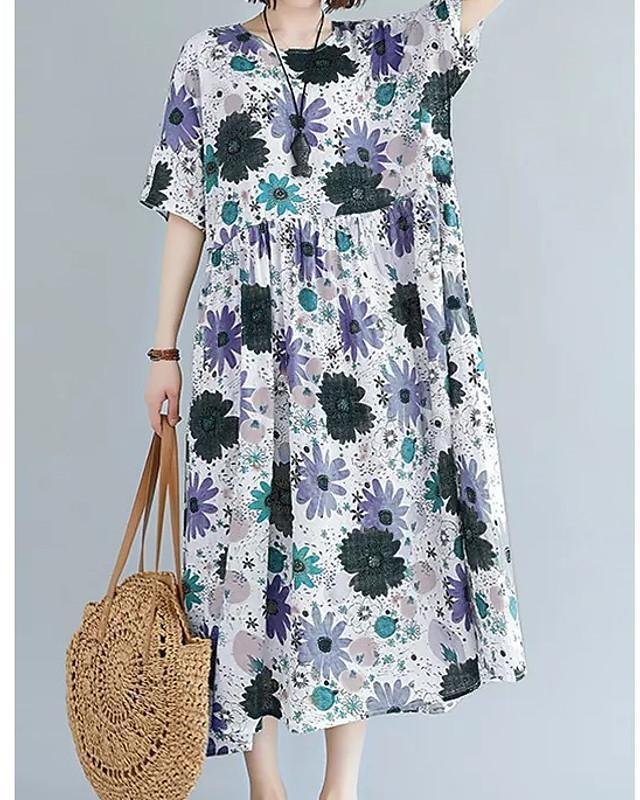 Women's Swing Dress Maxi long Dress - Short Sleeve Floral Patchwork Print Summer Fall Elegant Casual Blue Red Green S M L XL XXL 3XL 4XL 5XL - VSMEE