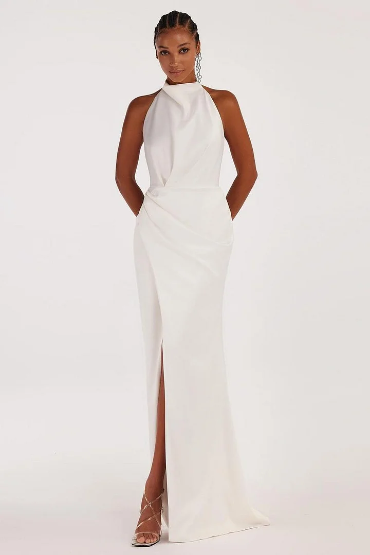 Lvs&Broner Halter Backless Sleeveless Split Long Prom Dress With Pleated