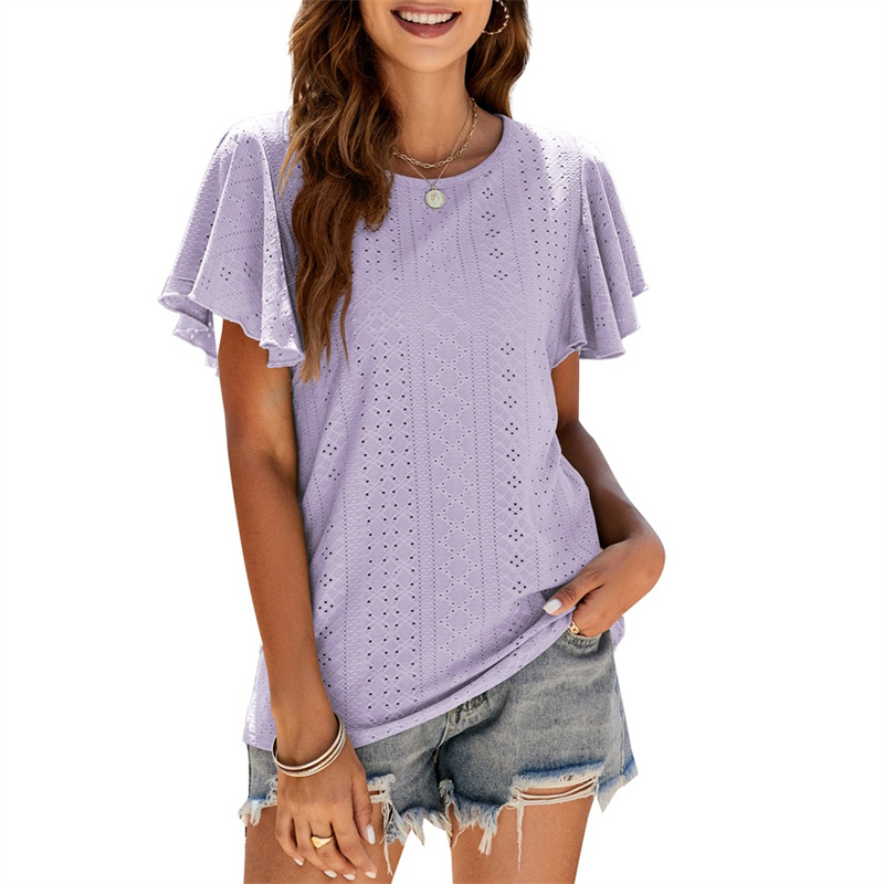 Women's Summer Hollow Ruffle Sleeve Casual T-Shirt