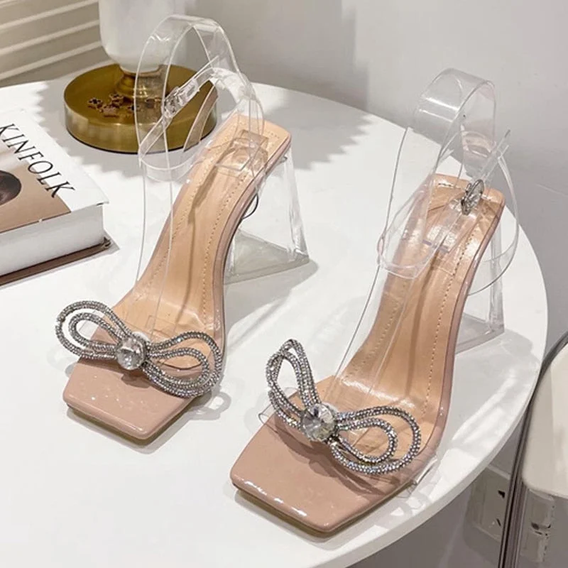 Summer Party Women Sandals Elegant Rhinestone Bowknot Design Strange Perspext High Heels Square Toe PVC Transparent Clear Shoes
