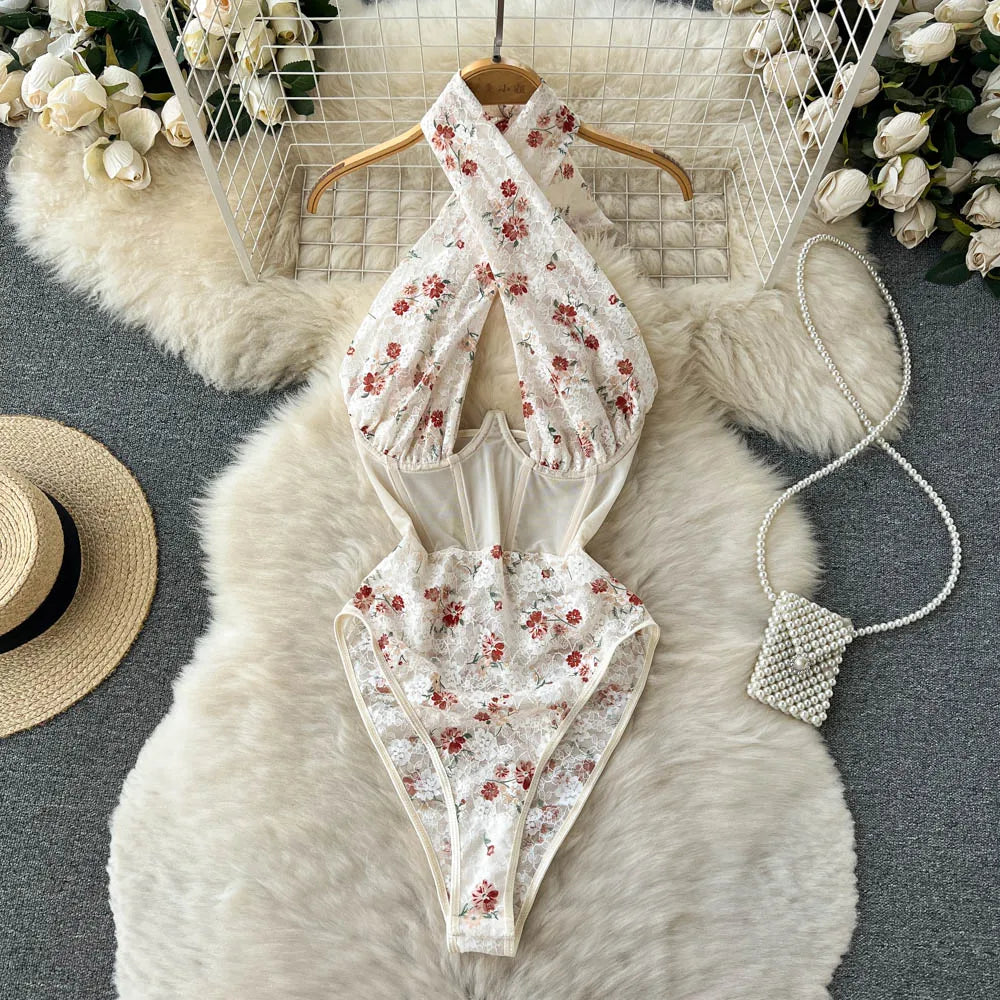 Aiertu Halter Hollow Out Sexy Bodysuits Summer Thin Backless Slim Inside Wear Women Fashion Lace Floral Short Playsuits Aiertu