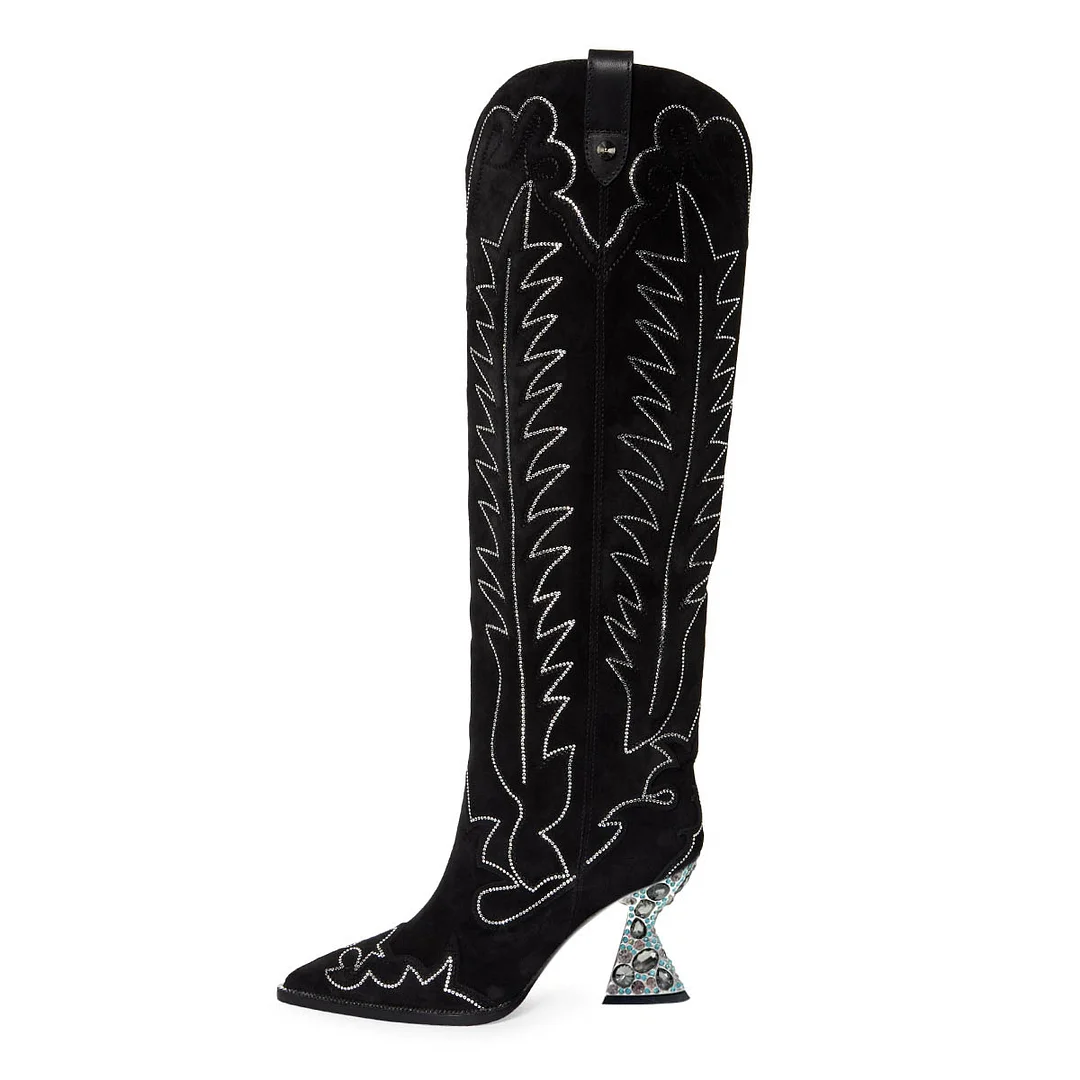 Black Vegan Suede Decorative Heel Rhinestone Studded Cowgirl Boots