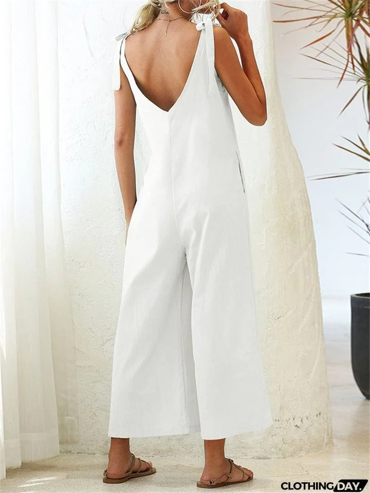 Women's Stylish Solid Color Sleeveless Loose Jumpsuit With Pocket