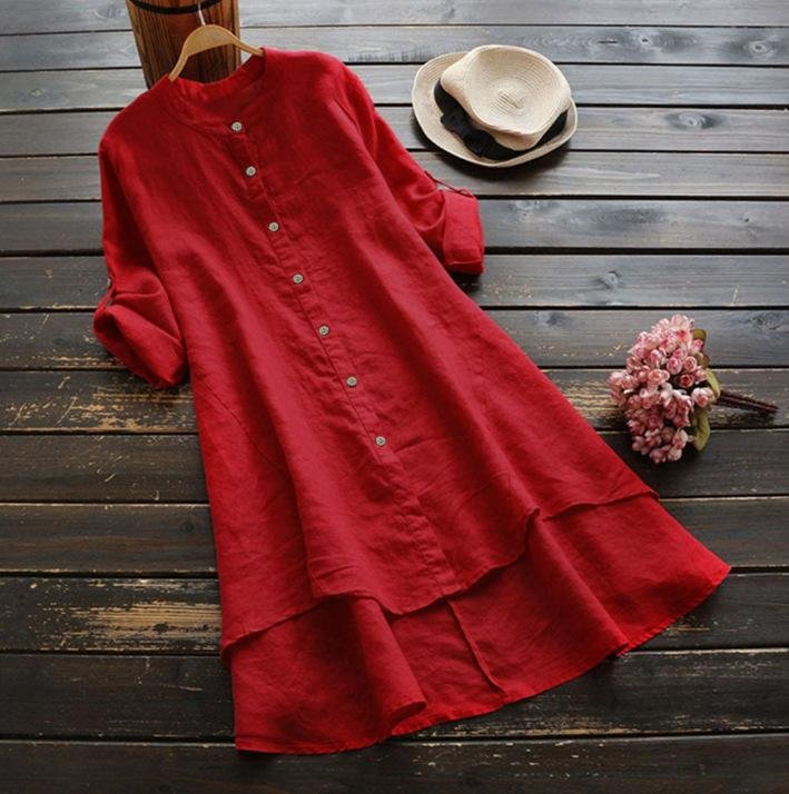 Women's Solid Color Cotton And Linen Casual Blouse With Buttons