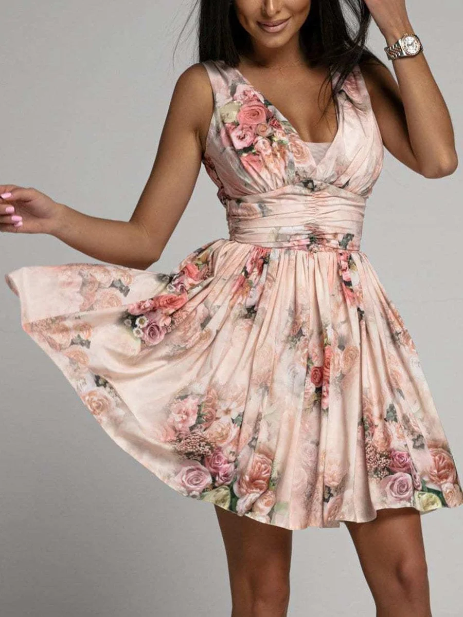 Sexy deep V high waist backless floral dress