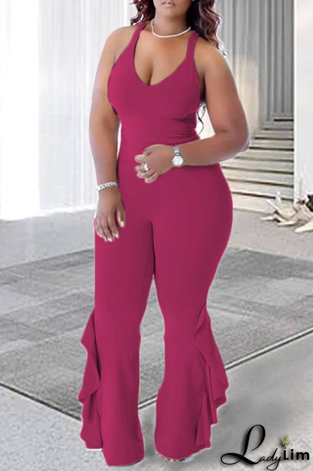 Tangerine Red Casual Solid Patchwork Flounce V Neck Plus Size Jumpsuits