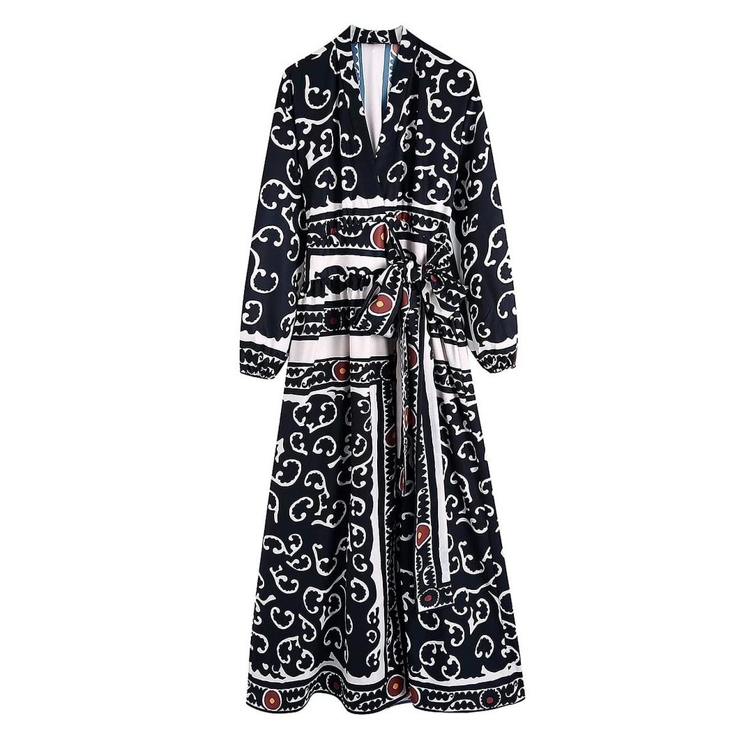 TFMLN Summer Women Dress With Blet 2022 Elegant Party Printed Vestido Long Sleeve Female Causal O-neck Mid-Calf V-neck Outfit