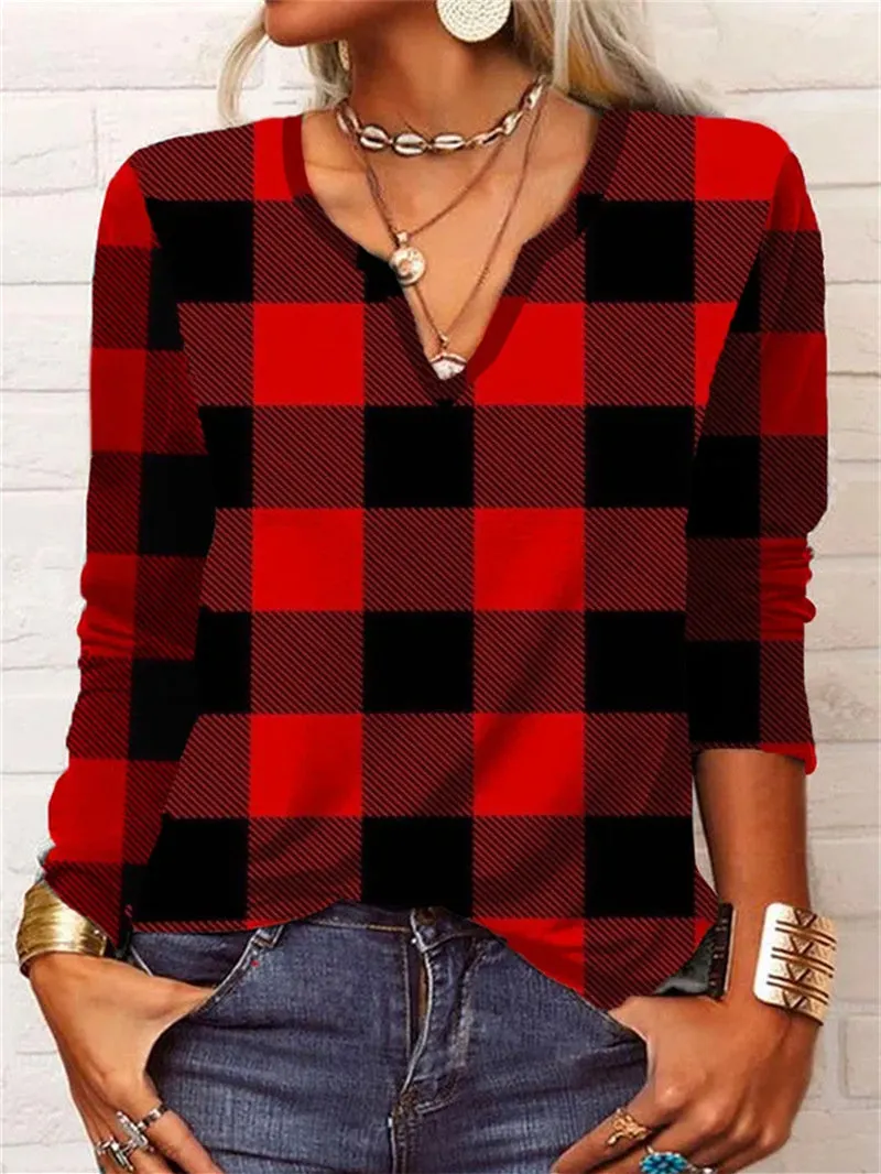 Women's V-Neck Long Sleeve Plaid Tops