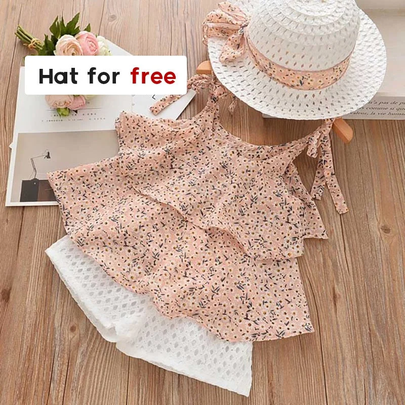 Bear Leader Girls Clothing Sets 2022 Summer Kids Clothes Floral Chiffon Halter+Embroidered Shorts Straw Children Clothing