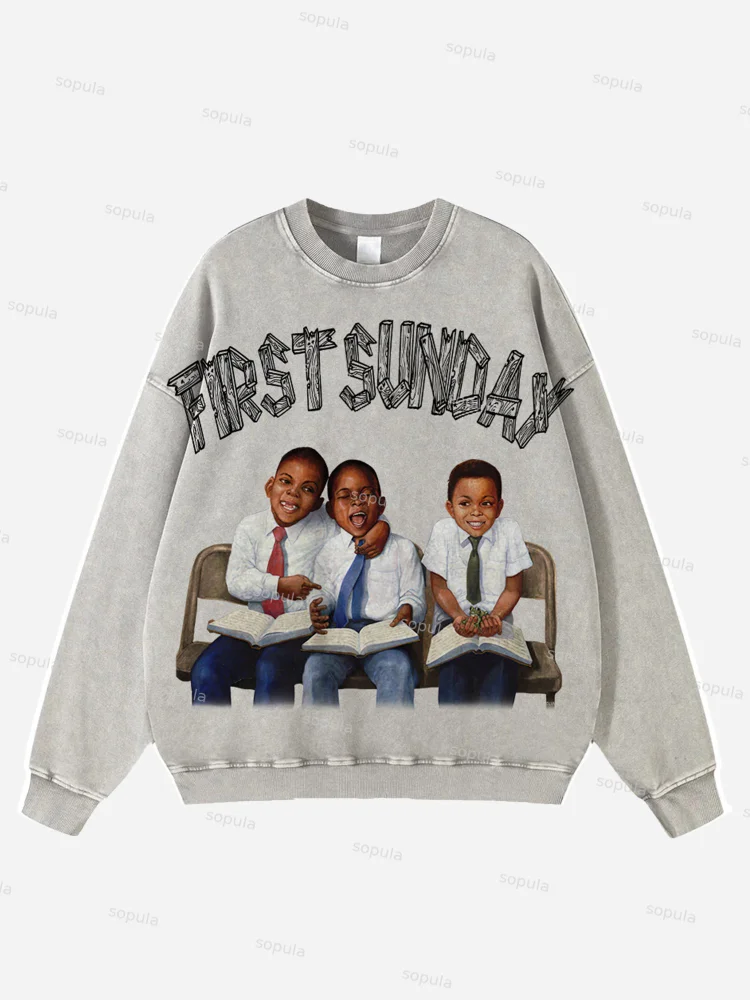 First Sunday Portrait Washed Distressed Crew Neck Sweatshirt