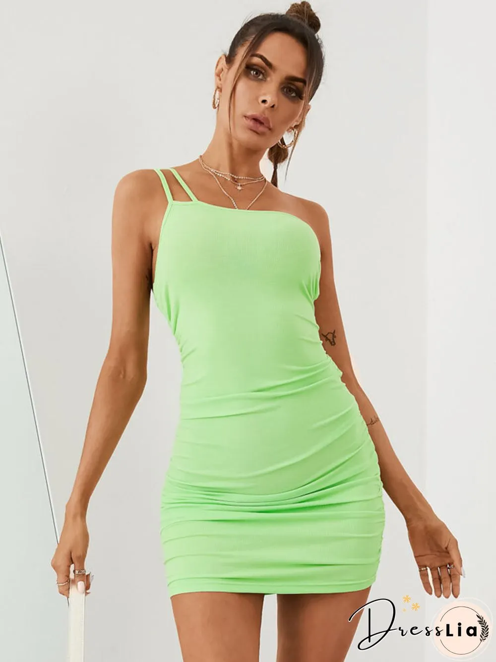 Solid Backless Irregular One Shoulder Mini Bodycon Sexy Dress