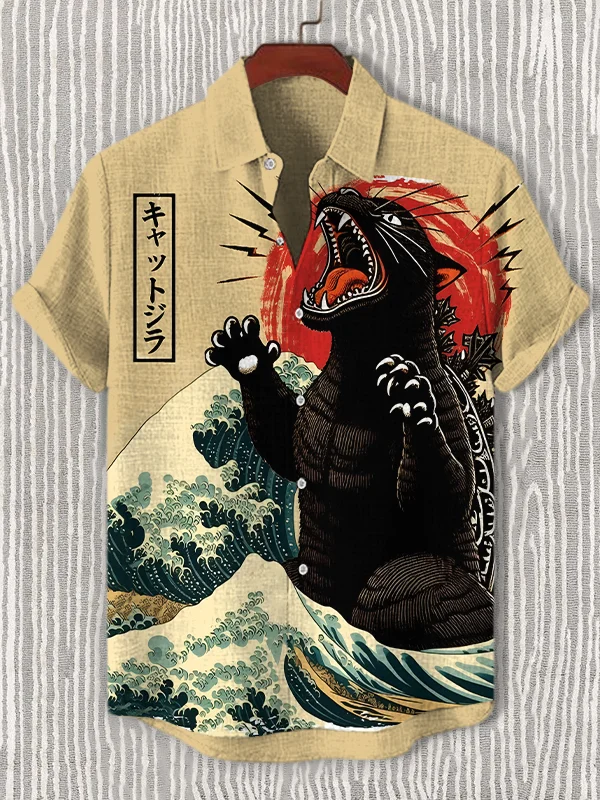 Men's Sea Wave Catzilla Cat Japanese Art Print Casual Shirt