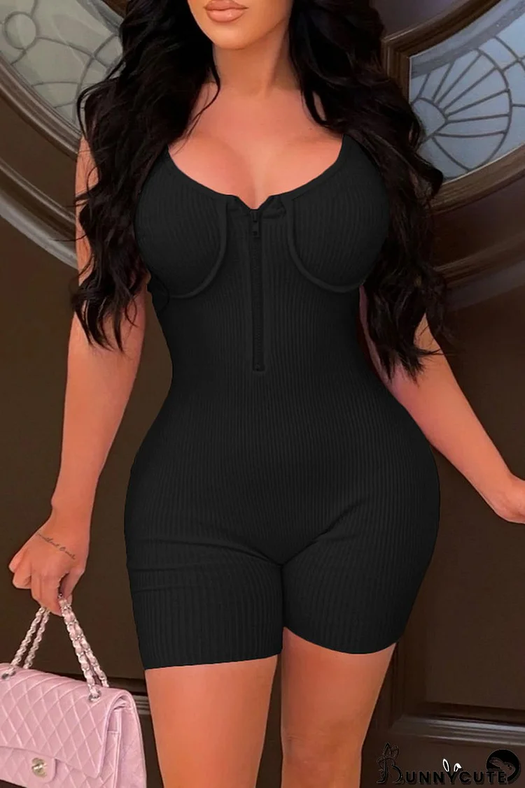 Black Sexy Casual Solid Backless Spaghetti Strap Skinny Romper