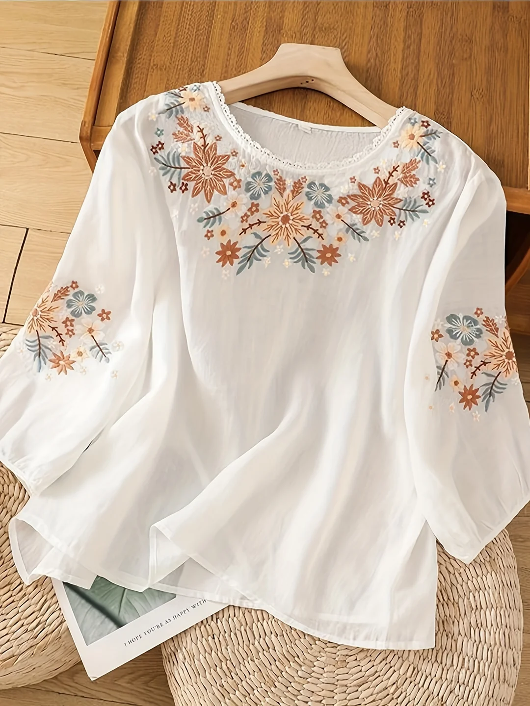 New Chinese Style Contrast Color Embroidery Women's Shirt Loose Version Round Neck Mid-Sleeve Women's Tang Suit Chinese Ethnic Style All-Match Breathable Women's T-Shirt Women's To | IFYHOME