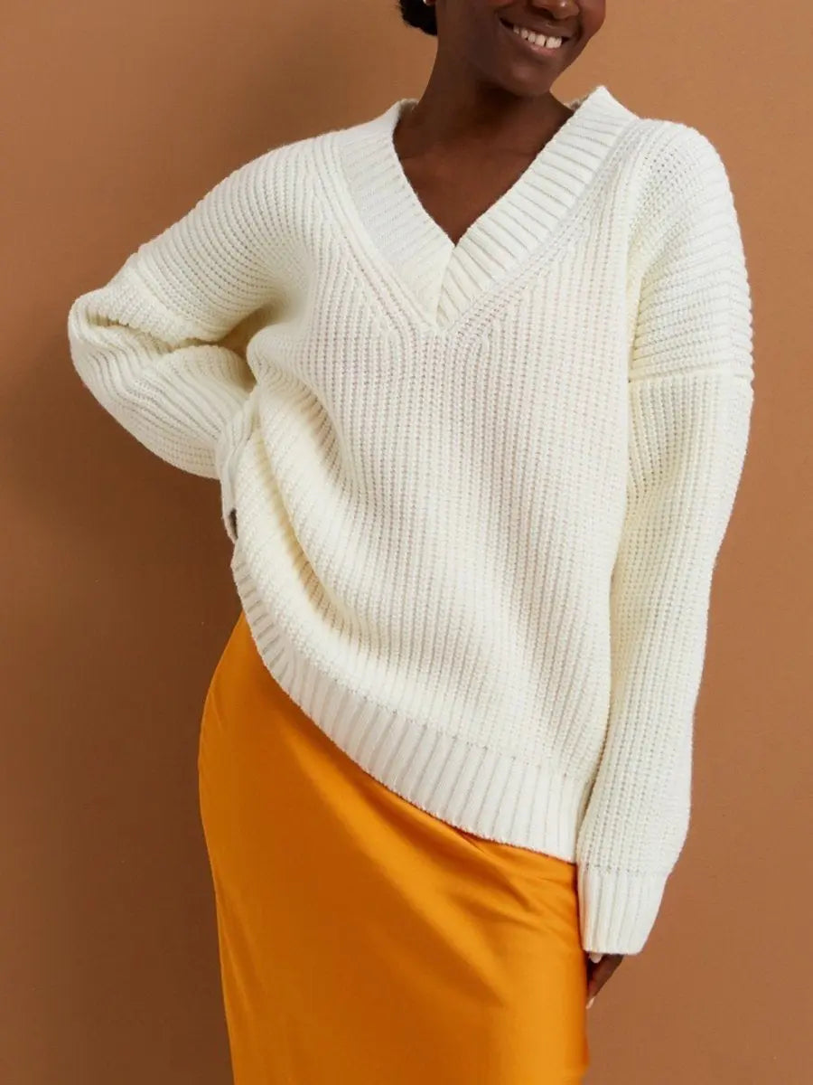 V Neck Long Sleeve Loose Knit Sweater
