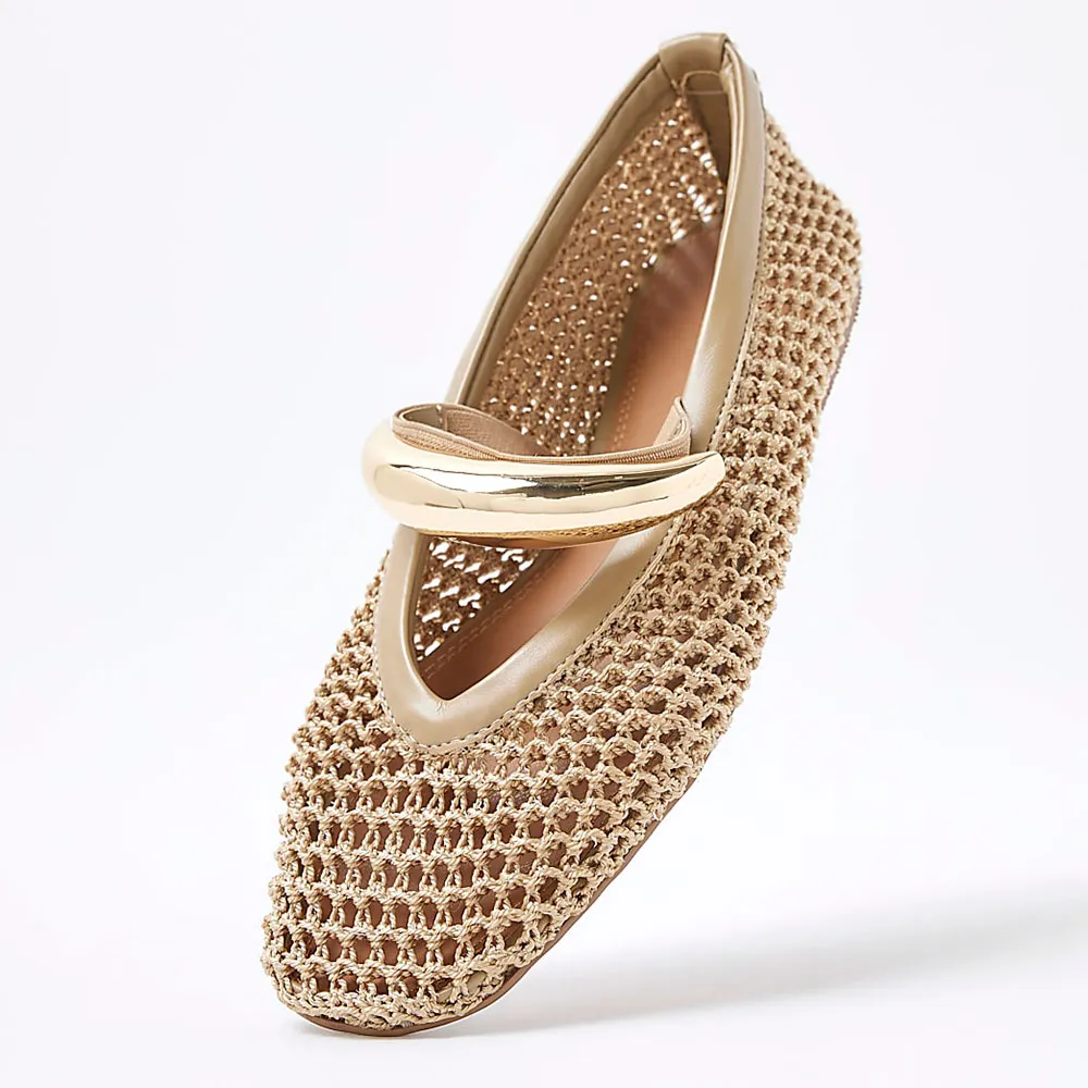 Beige Round Toe Crochet Gold Metal Strap Flat Shoes for Women