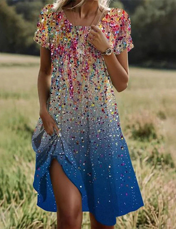 Hipposy Ethnic Style Printed Summer New Short Sleeved Dress Artistic Fashionable Women's Casual Round Neck Mid Length Dress
