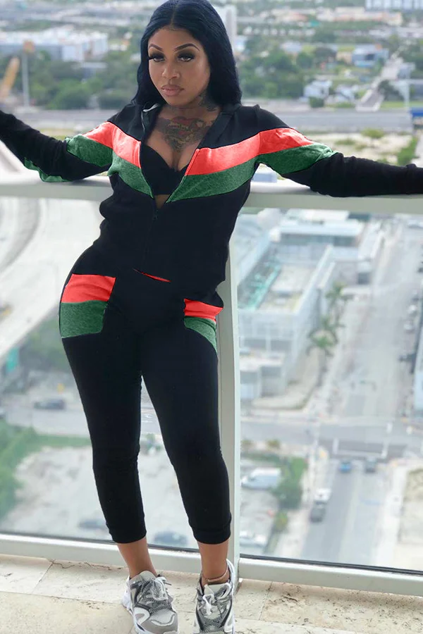 Black Polyester Casual Two Piece Suits Patchwork Striped Straight Long Sleeve Two-piece Pants Set