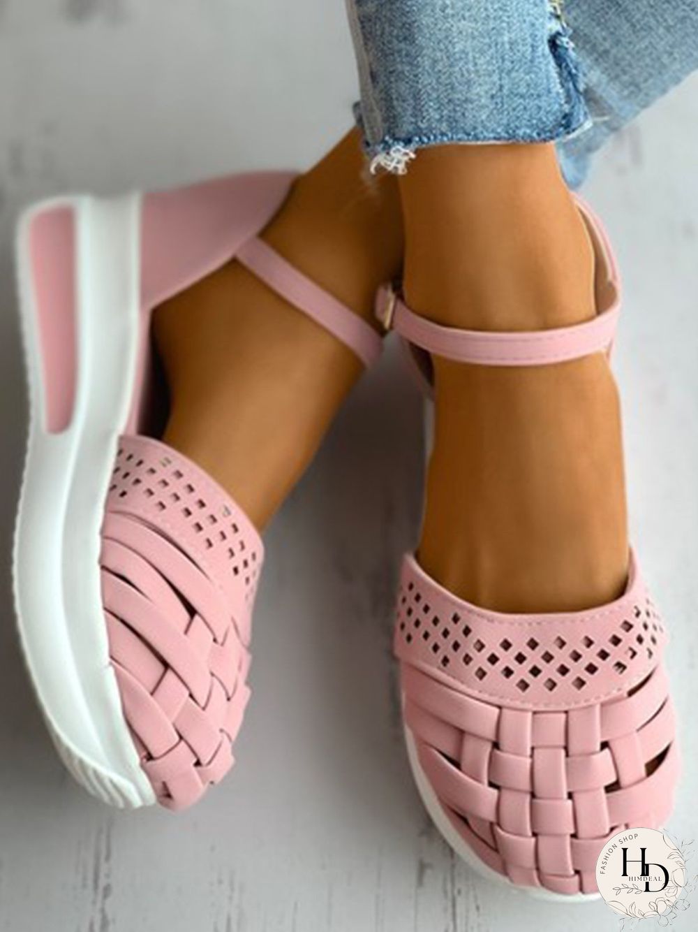 Braided Breathable Cutout Toe Platform Buckle Sandals