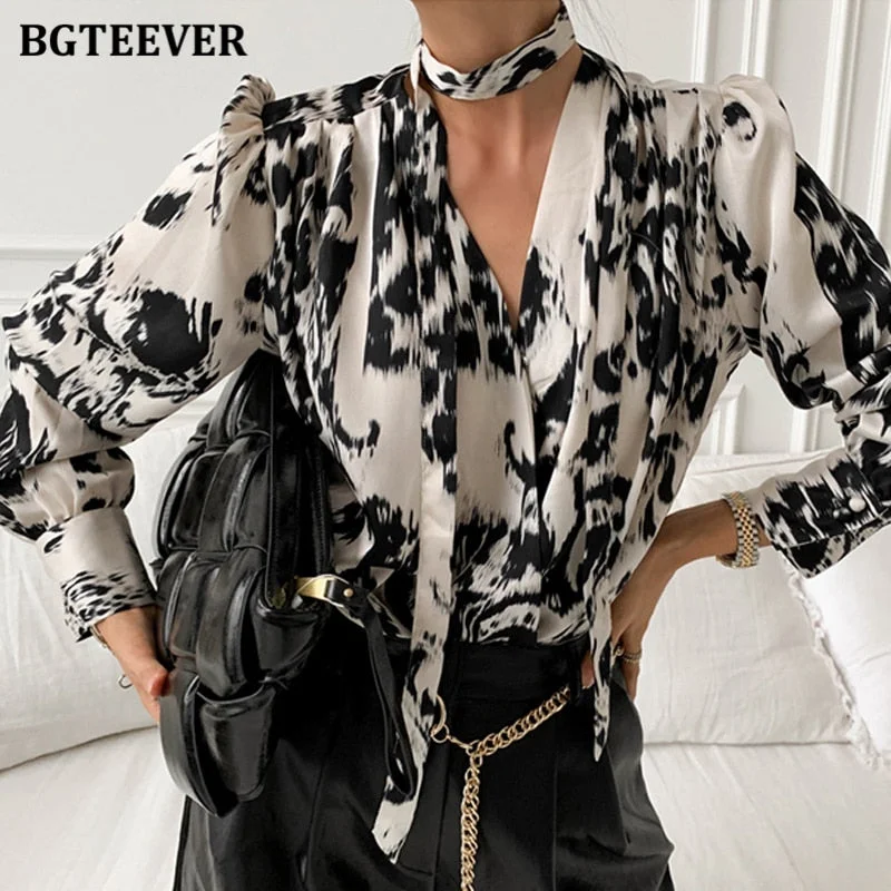 BGTEEVER Fashion Chic V-neck Leopard Print Women Blouse and Tops 2021 Spring Long Sleeve Loose Female Shirts Blusas Mujer