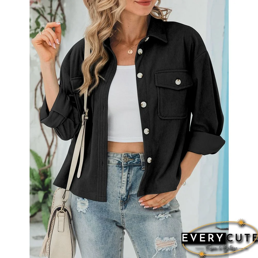 Black Corduroy Cropped Jacket with Pocket