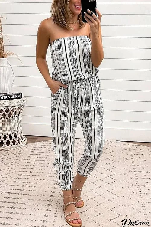 Strapless Stripe Drawstring Jumpsuits