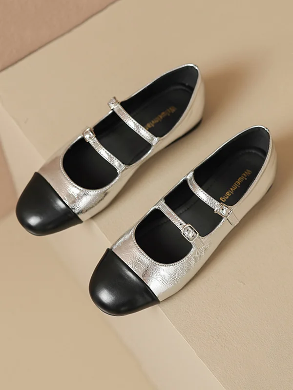 Belt Buckle Round-Toe Split-Joint Mary Janes Flat Shoes