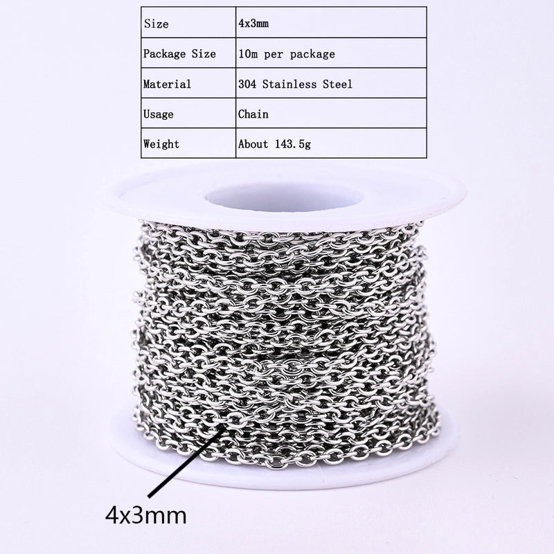 1 Roll 4*3mm 5*4mm 6*4.5mm 304 Stainless Steel Solid Color Polished Chain