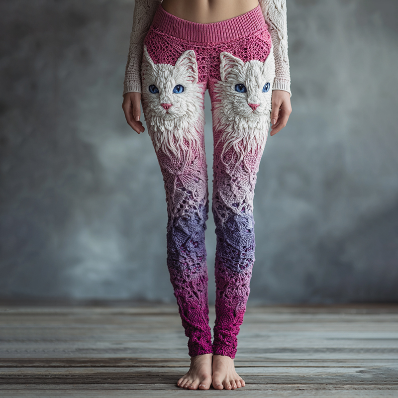 Women's Cute Cat Face Embroidered Gradient Cozy Knit Leggings