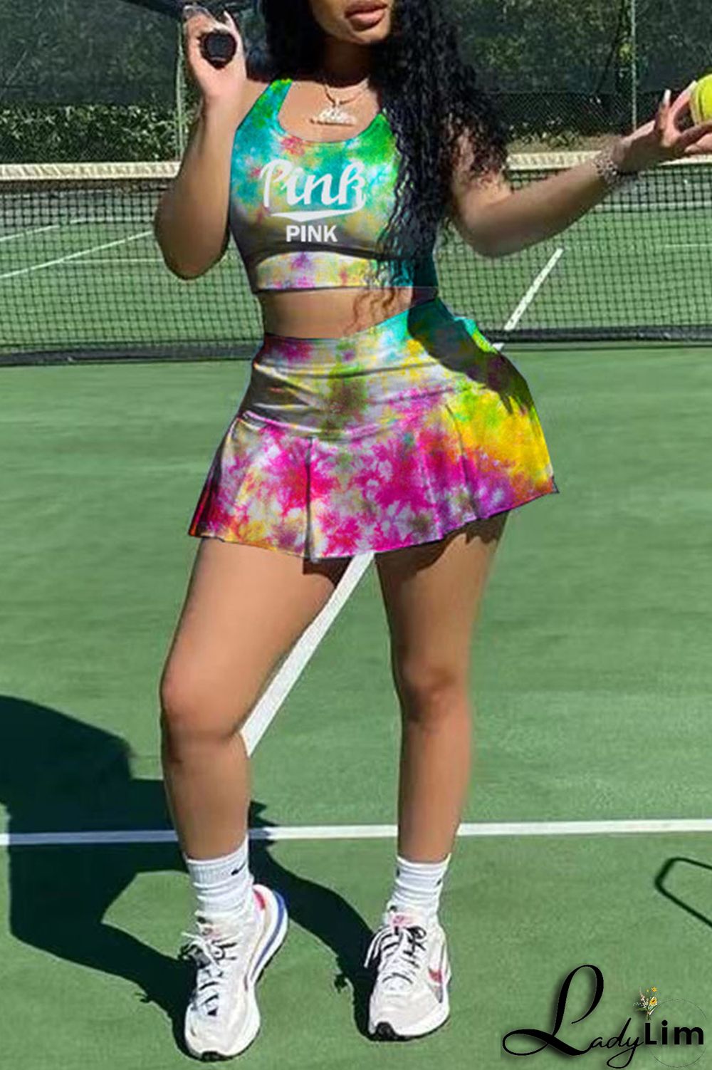 Purplish Blue Sexy Print Patchwork U Neck Sleeveless Two Pieces