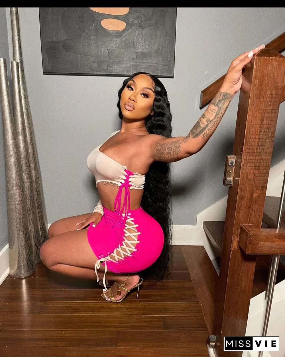 Summer Outfit Fashion Patchwork One Shoulder Long Sleeve Hollow Out Bandage Bodycon Mini Dresses