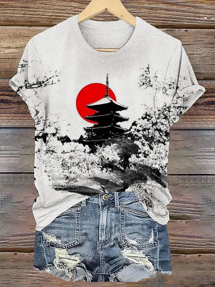 Women's Japanese Art Tower Print Crew Neck Top socialshop