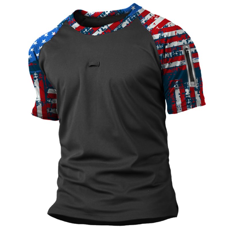 Men's Outdoor Tactical American Flag Print Zip Raglan T-Shirt