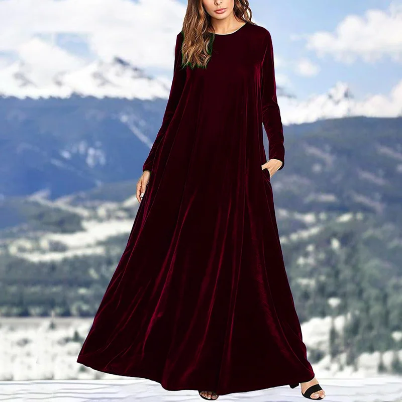 Crew Neck Velvet Casual Loose Women’s Long Dress