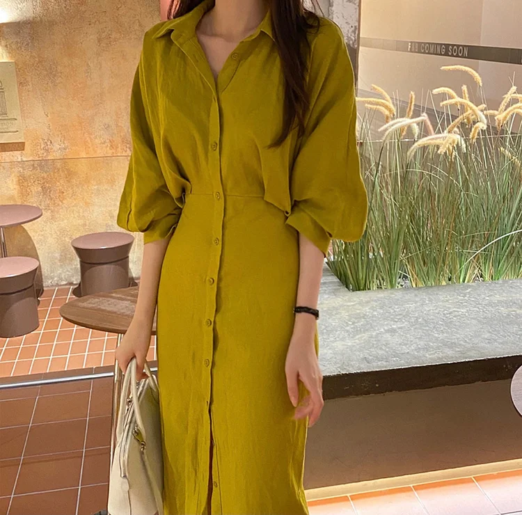 Casual Mustard Lapel Buttoned Lace-up Down Half Puff Sleeve Dress