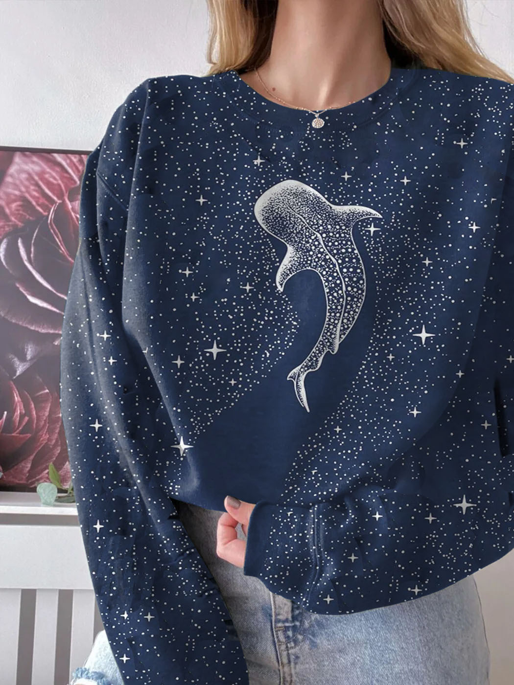 Women's Starry Whale Art Crew Neck Comfy Sweatshirt