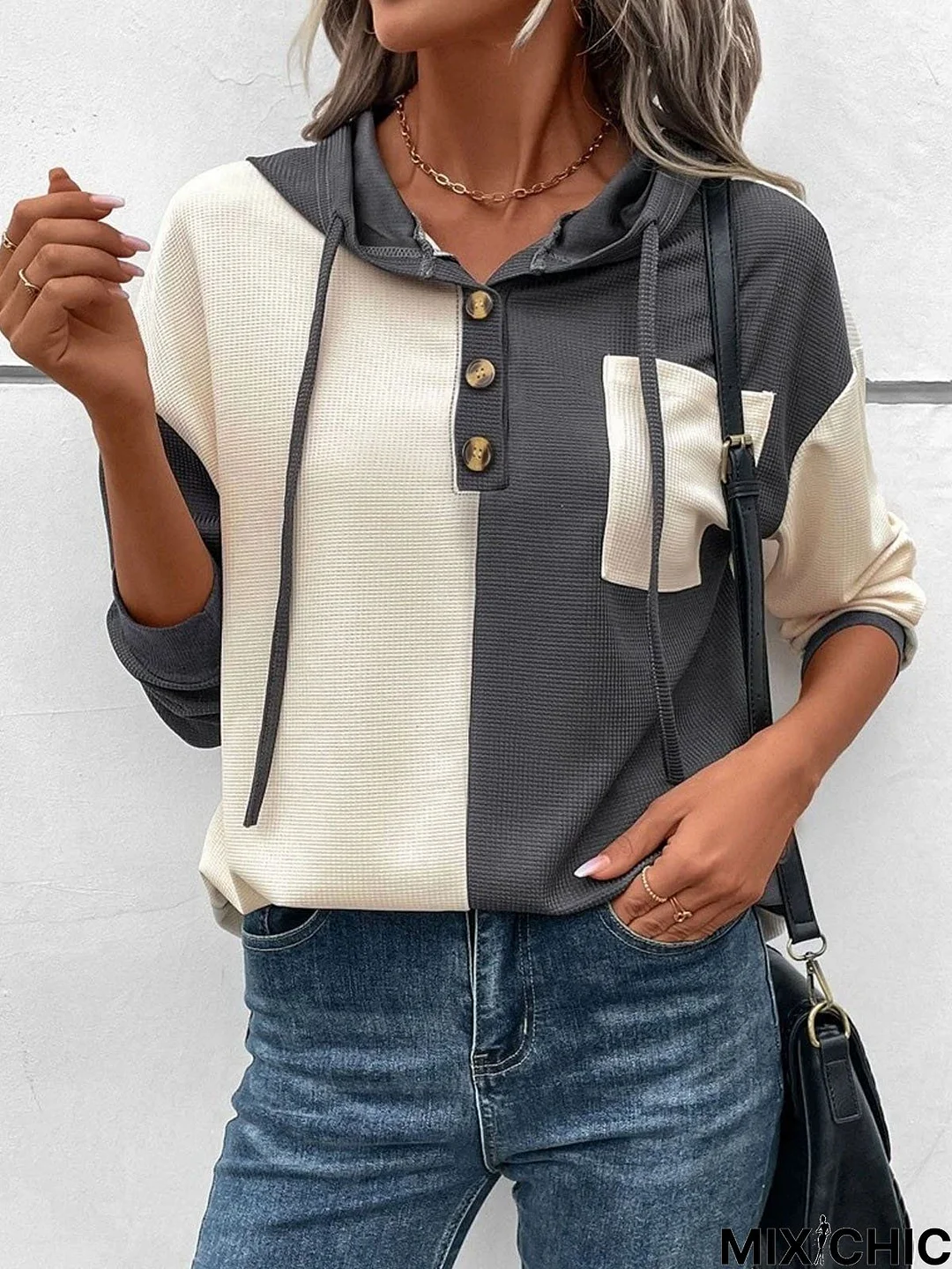 Loose Color Block Buckle Casual Hoodie Sweatshirt