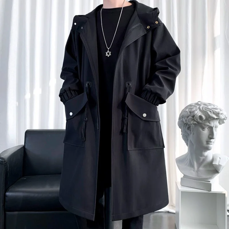 Privathinker Autumn Men's Trench Solid Color Oversized Long Jacket 2021 Fashion Big Pocket Hooded Trench Coats Male Clothing