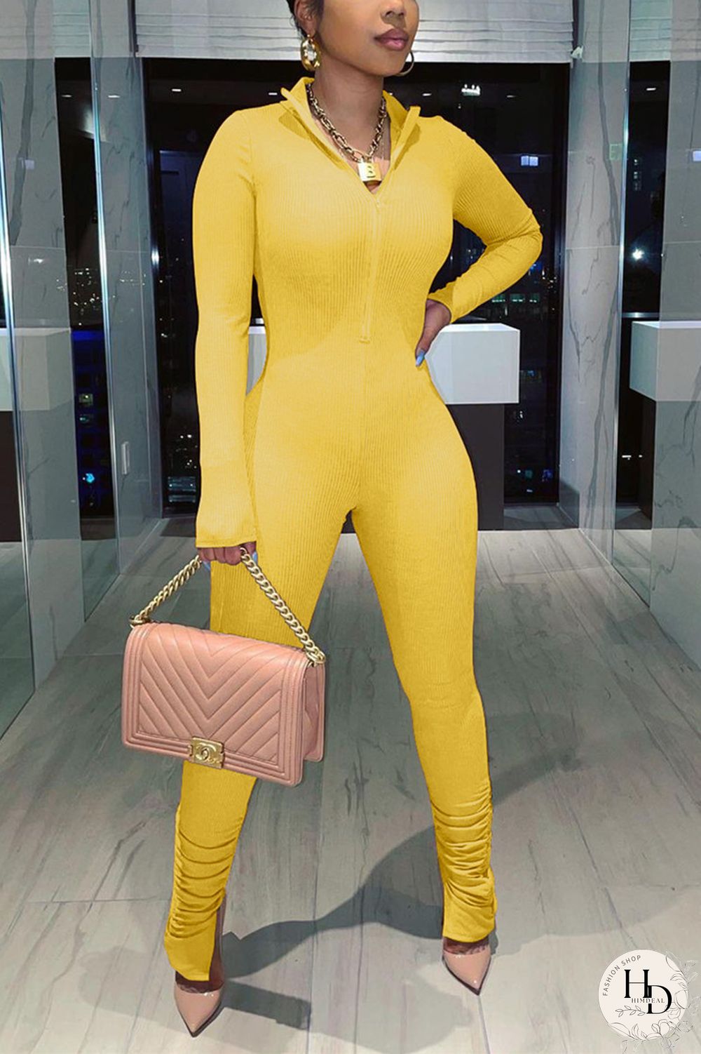 Yellow Fashion Casual Solid Basic V Neck Skinny Jumpsuits