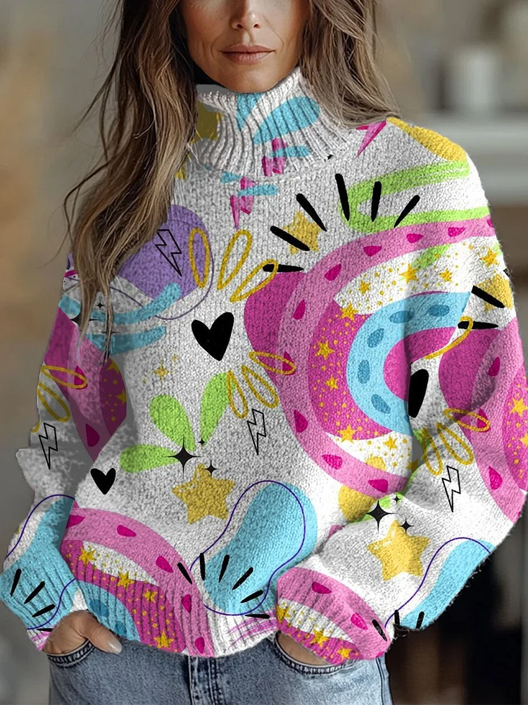 Vintage  Art Print Knit Turtleneck Pullover Sweater
