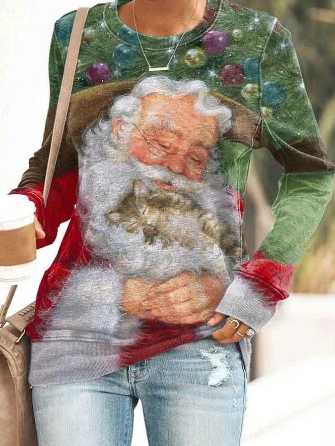 Santa And Cat Print Sweatshirt