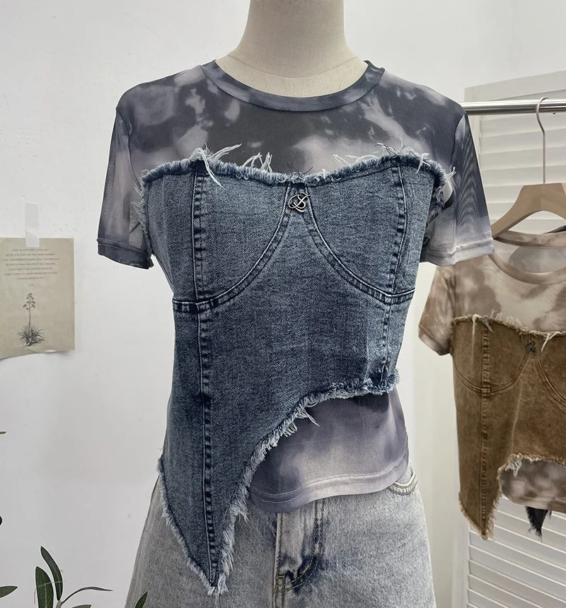 Uveng Real Shooting Of The Edge Of The Denim Splicing Tie Dye Mesh Repair Irregular Two Short-Sleeved Top T-Shirt 26171
